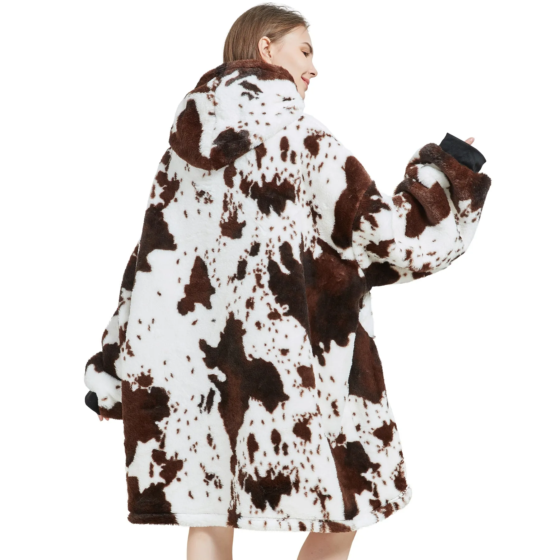Adults Cow-Print Oversized Plush Blanket Hoodie