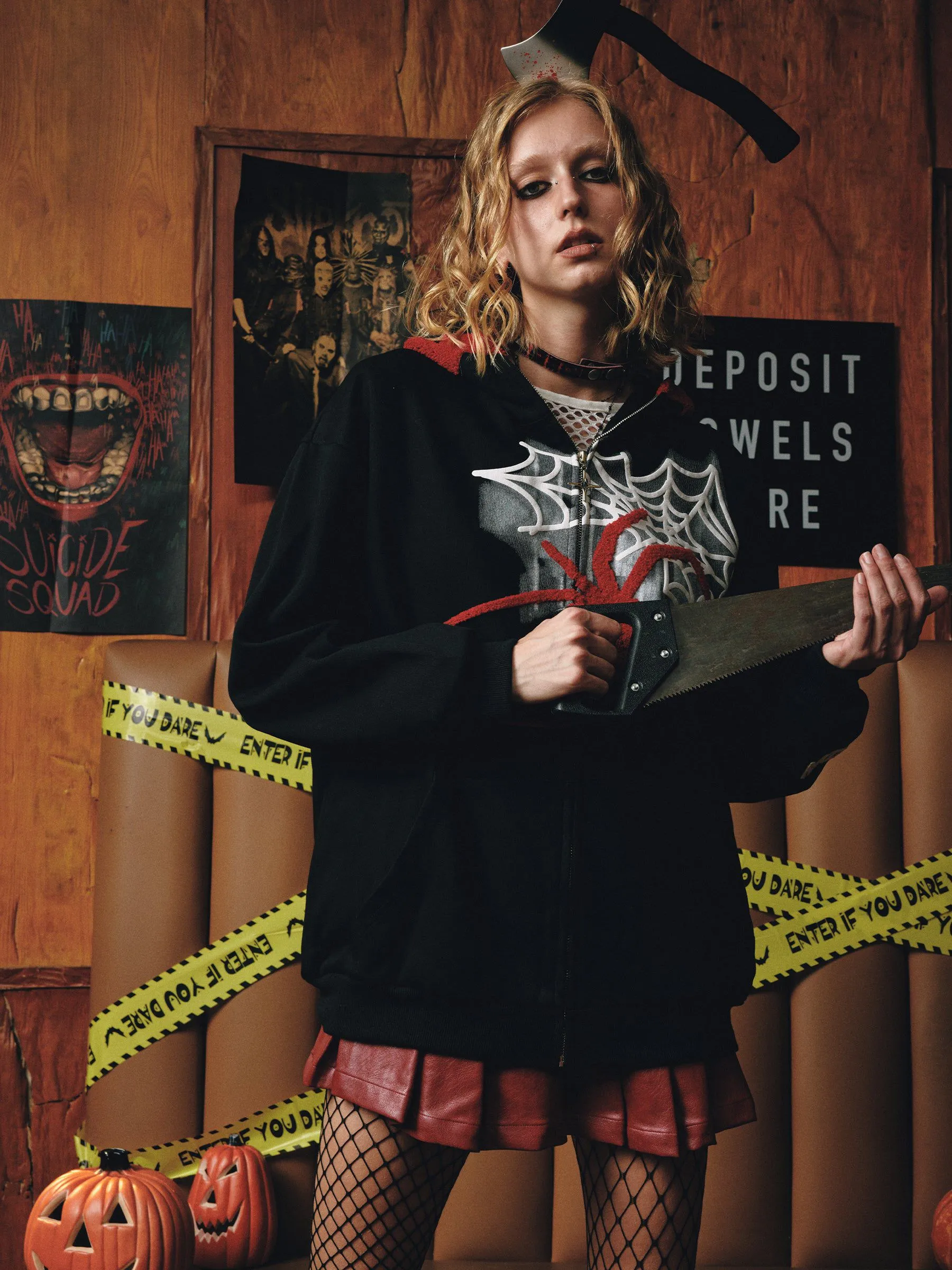Aelfric Eden Horn Design Flocking Spider Zip Up Hoodie