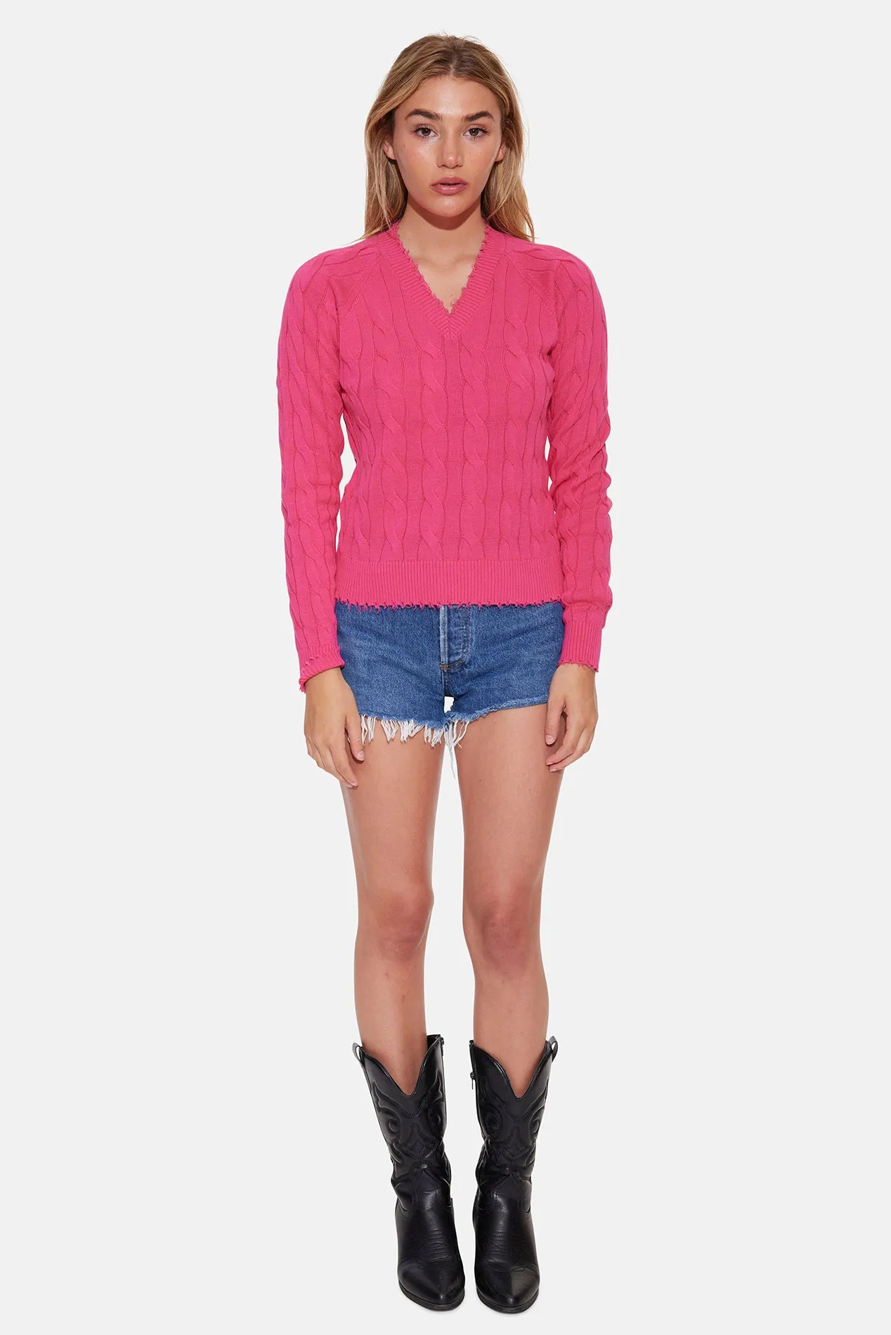 Amber Cable V Neck Sweater Beetroot Purple