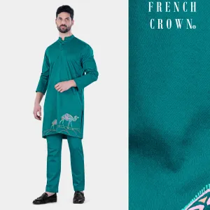 Aquamarine Green Camel Hand Painted Subtle Sheen Super Soft Premium Cotton Designer Kurta Set