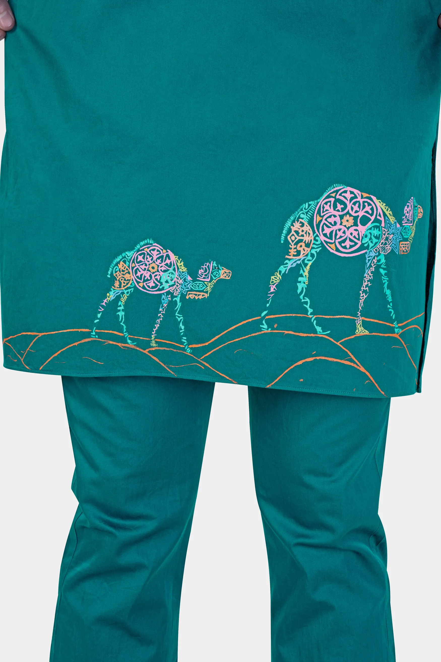 Aquamarine Green Camel Hand Painted Subtle Sheen Super Soft Premium Cotton Designer Kurta Set