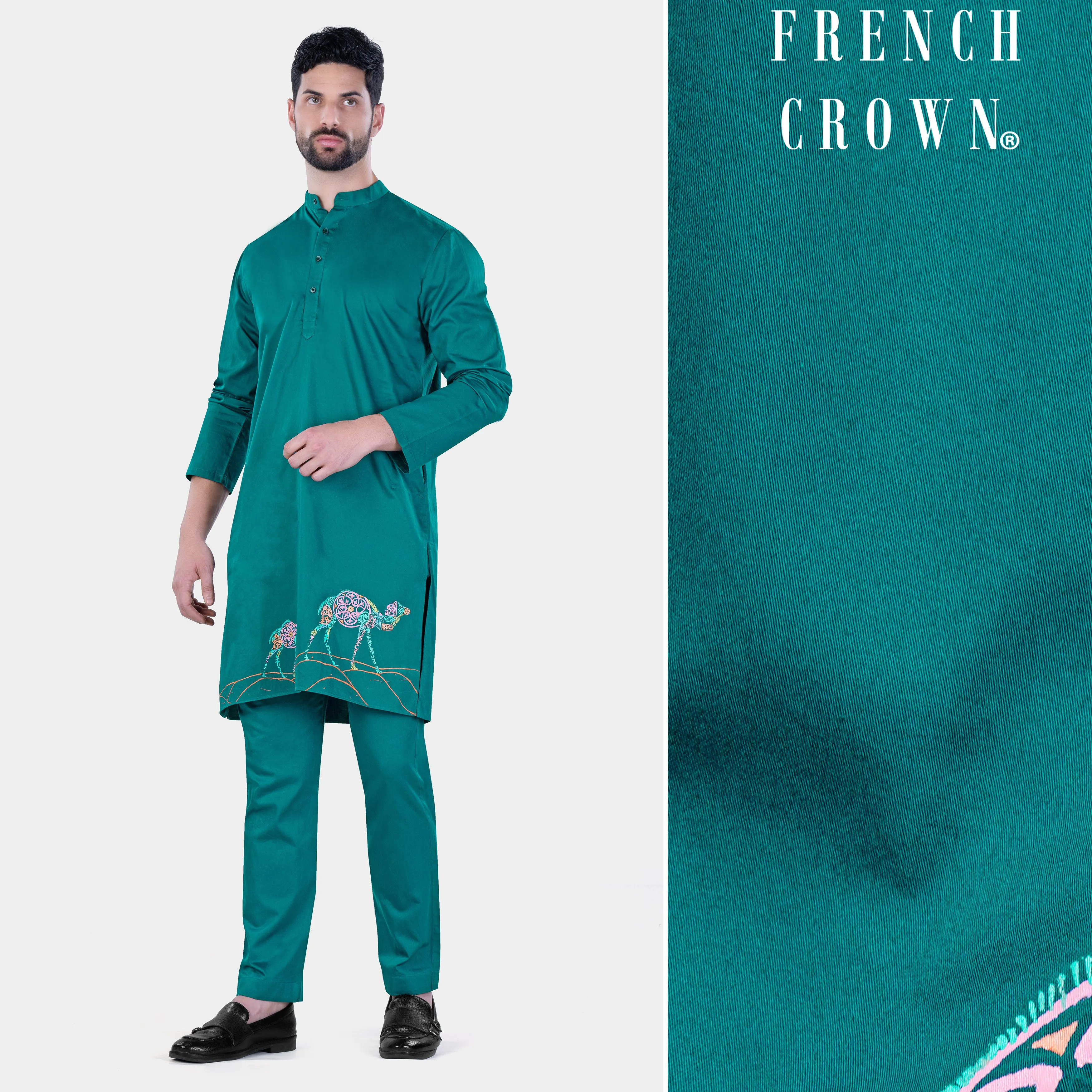Aquamarine Green Camel Hand Painted Subtle Sheen Super Soft Premium Cotton Designer Kurta Set