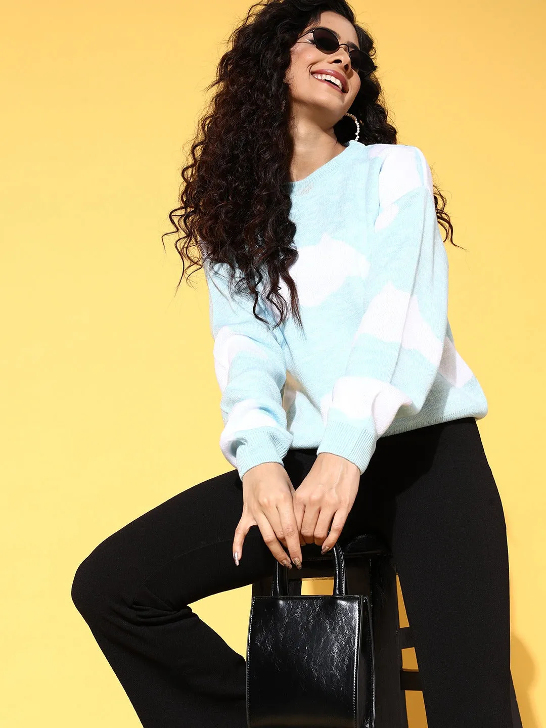Berrylush Women Blue & White Cloud Printed Round Neck Acrylic Ribbed Pullover Sweater