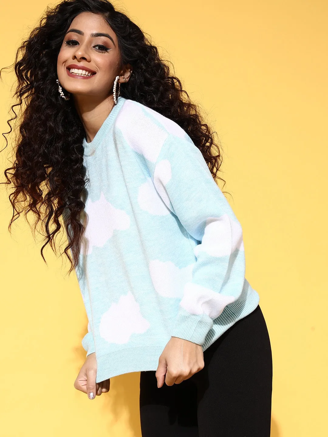 Berrylush Women Blue & White Cloud Printed Round Neck Acrylic Ribbed Pullover Sweater