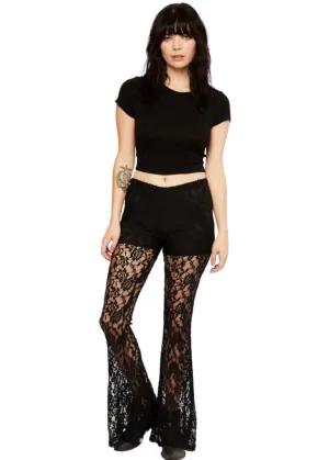 Black Roses Lace Flared Bell Bottom Pants