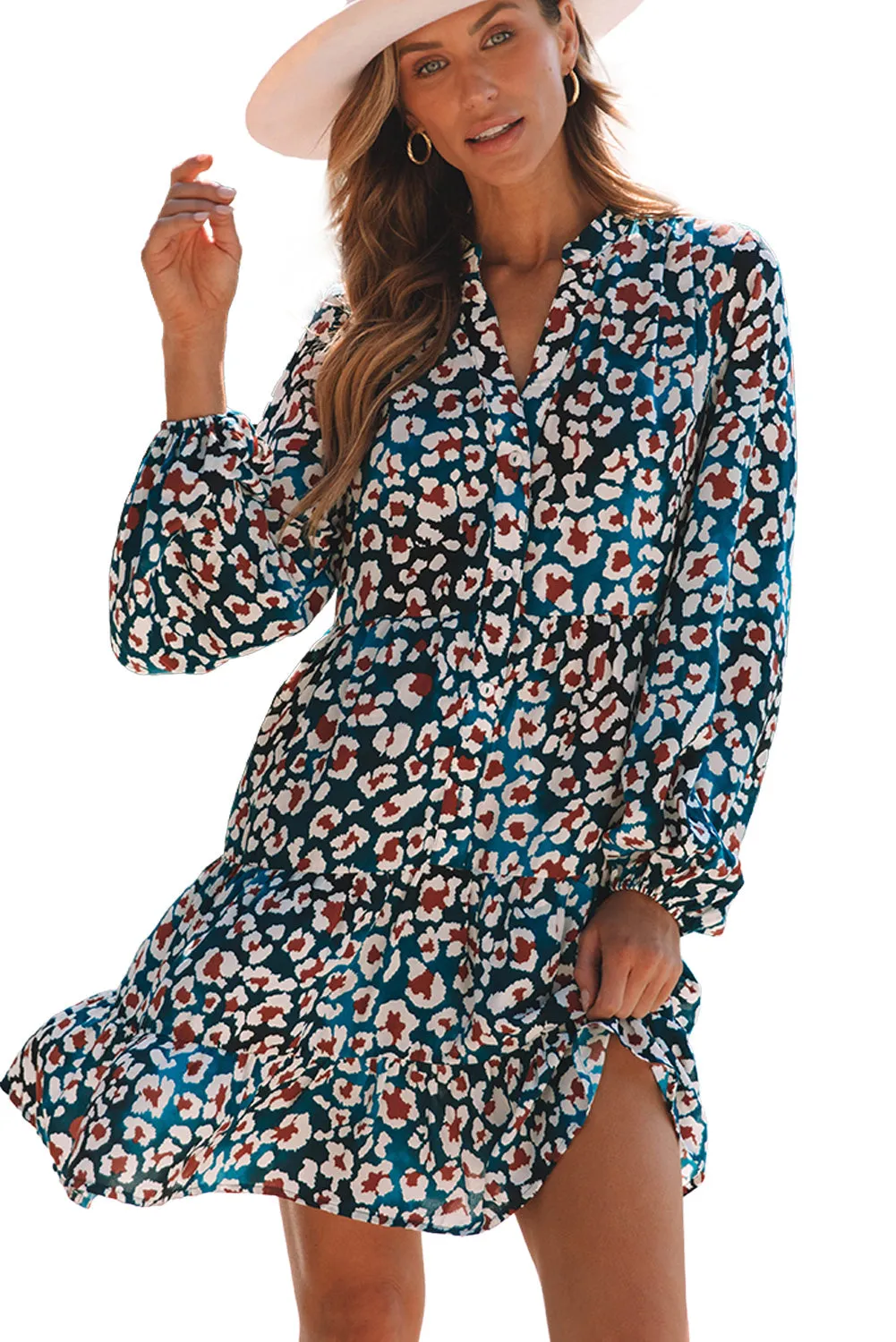 Bubble Sleeve Ruffled Shirt Dress