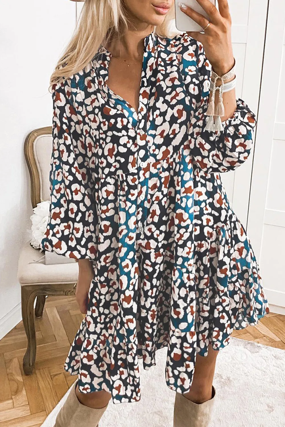 Bubble Sleeve Ruffled Shirt Dress