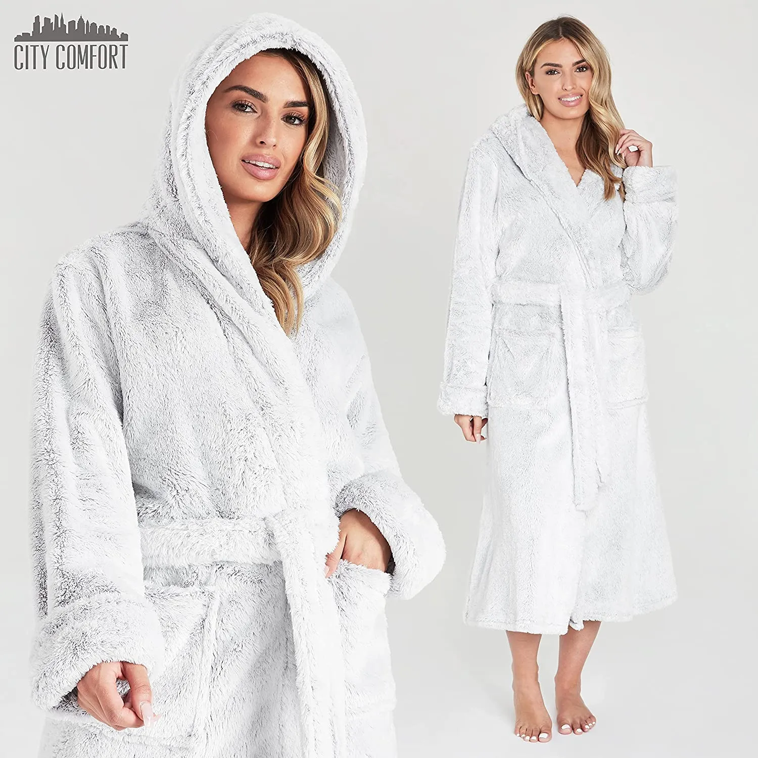 CityComfort Dressing Gown Women with Hood - Luxurious Fluffy Ladies Dressing Gown in Super Soft Fleece