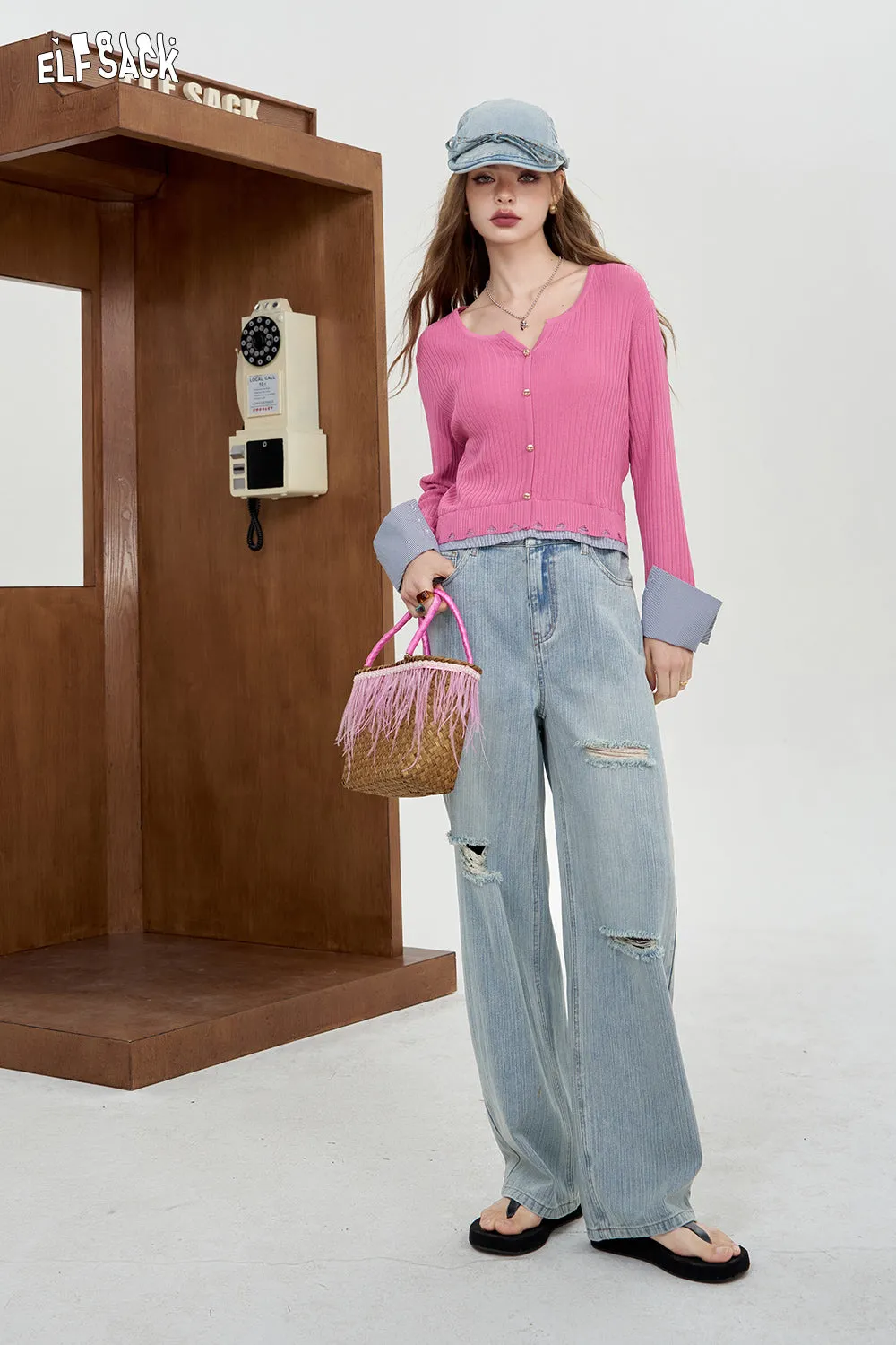ELFSACK 2024 Summer New Arrivals High waisted ripped jeans for women Straight pants