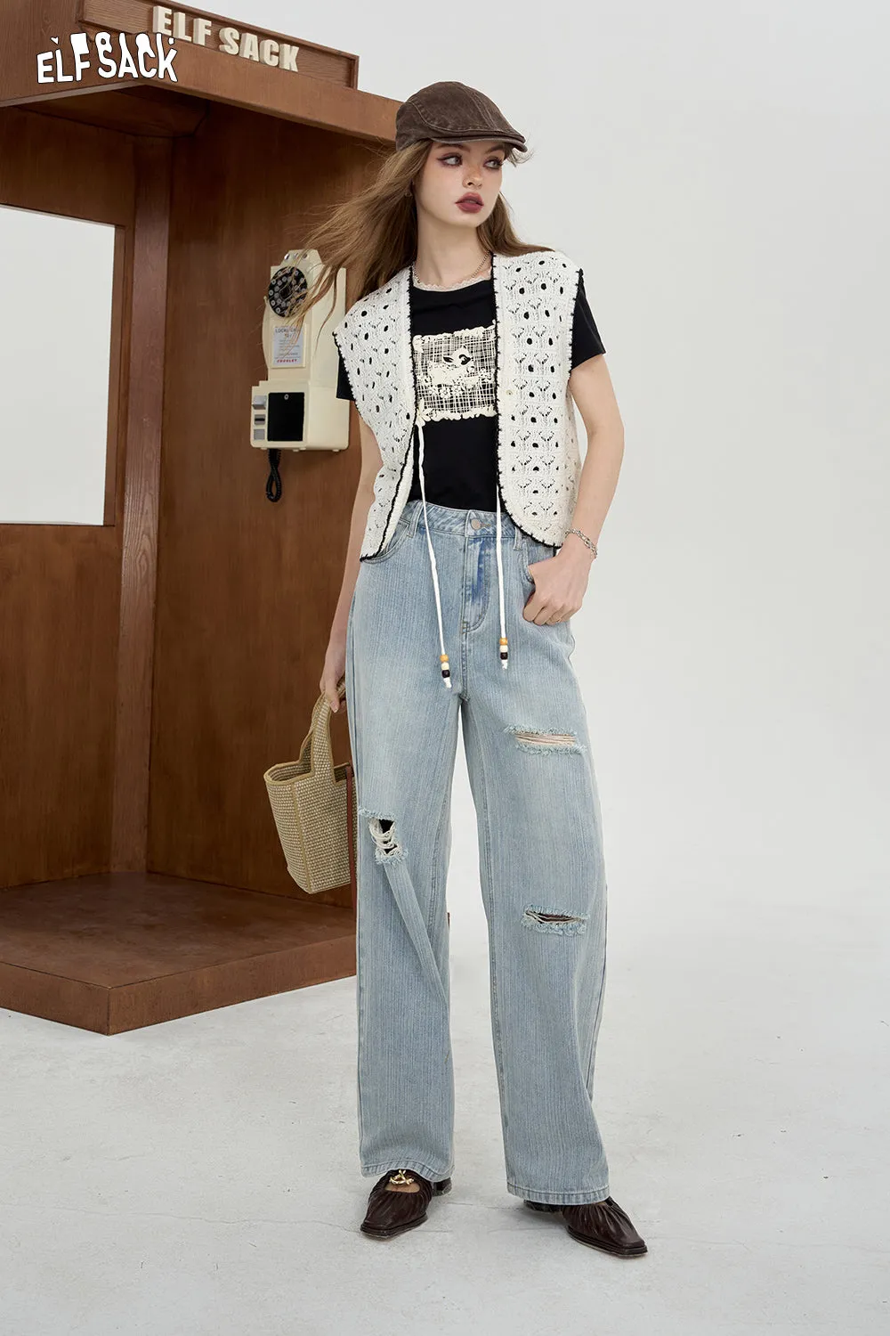 ELFSACK 2024 Summer New Arrivals High waisted ripped jeans for women Straight pants