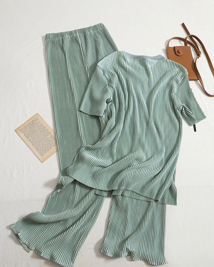 elveswallet Pleated round neck top slit wide leg pants two-piece set