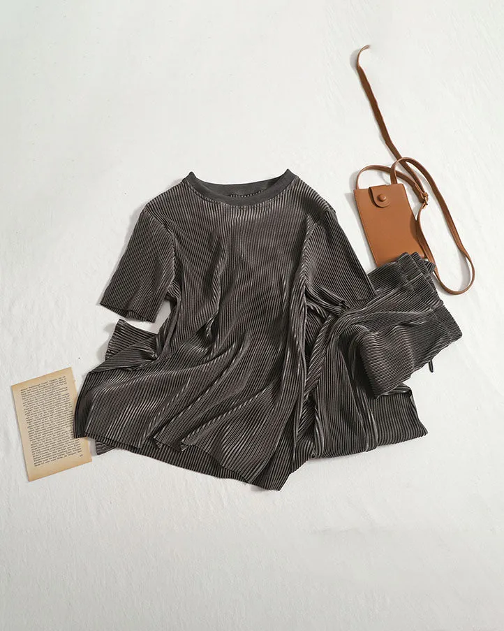 elveswallet Pleated round neck top slit wide leg pants two-piece set