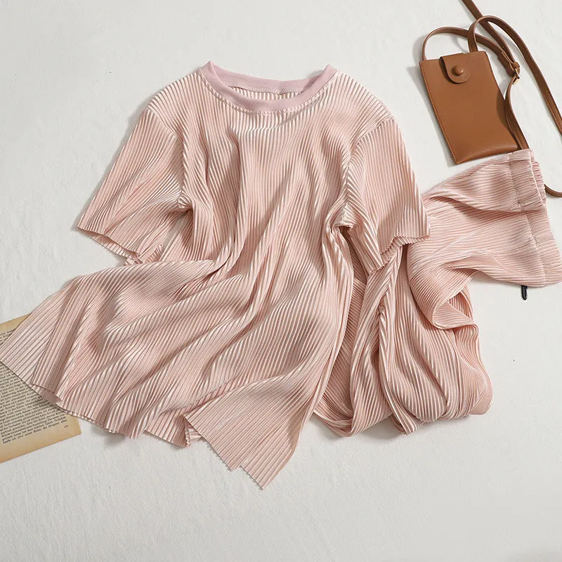 elveswallet Pleated round neck top slit wide leg pants two-piece set