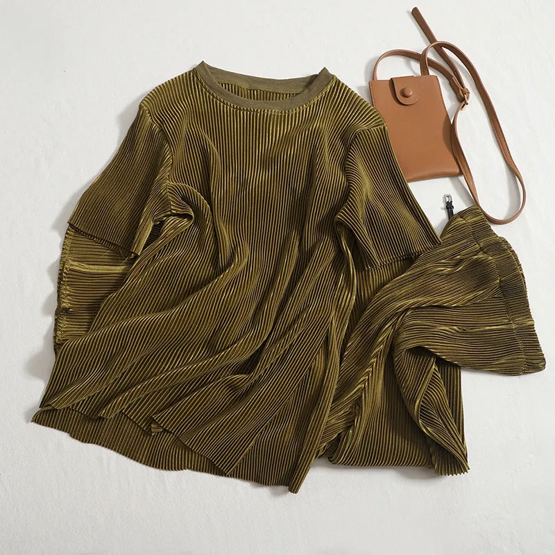 elveswallet Pleated round neck top slit wide leg pants two-piece set