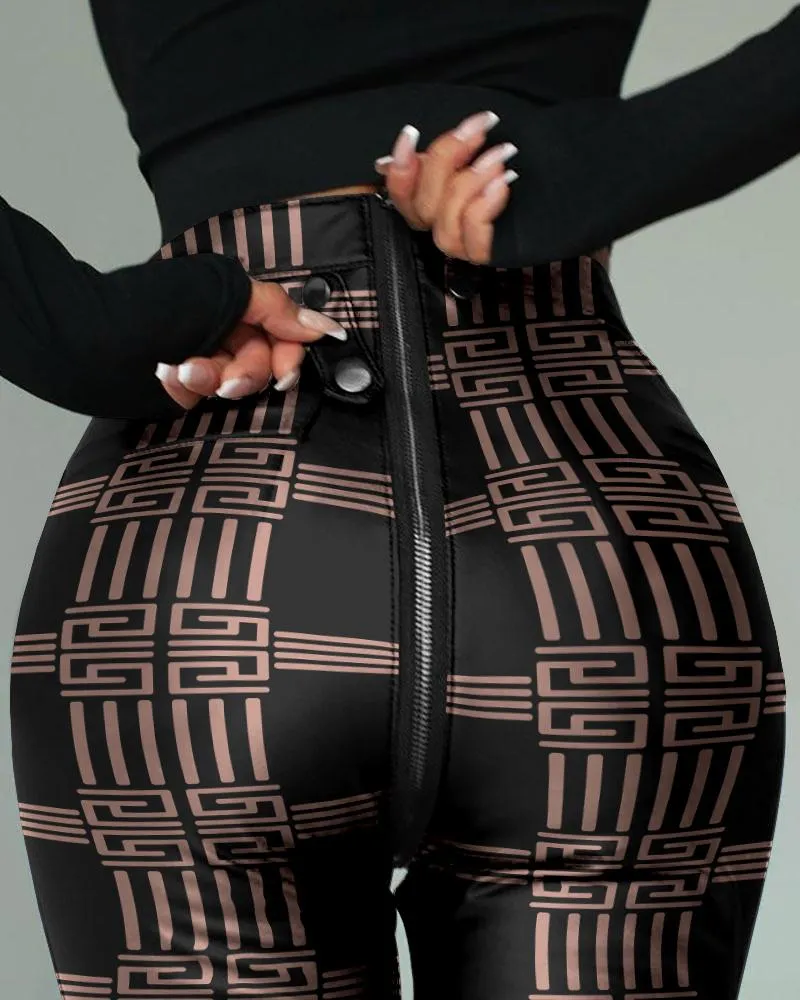 Geo Print Zipper Design Skinny Pants