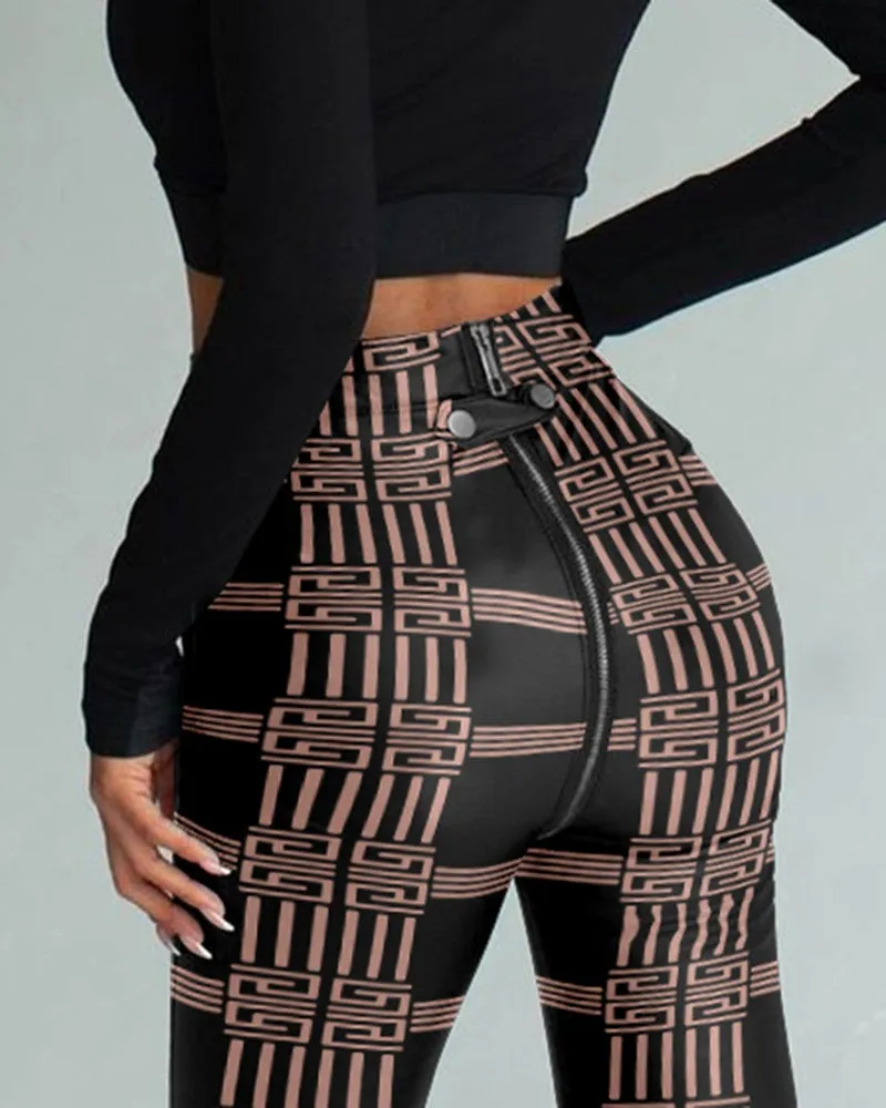 Geo Print Zipper Design Skinny Pants