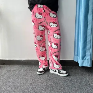 Hello Kitty Cartoon Flannel Pajamas: Cozy Winter Lounge Pants
