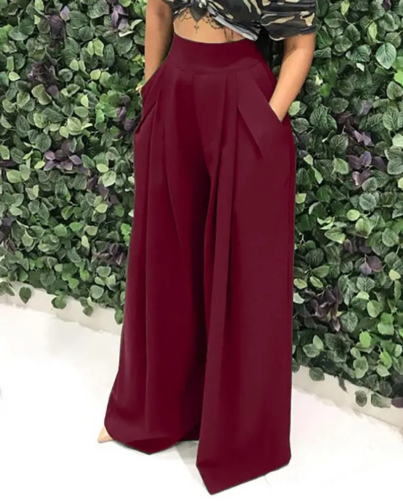 High Waist Pocket Design Wide Leg Pants