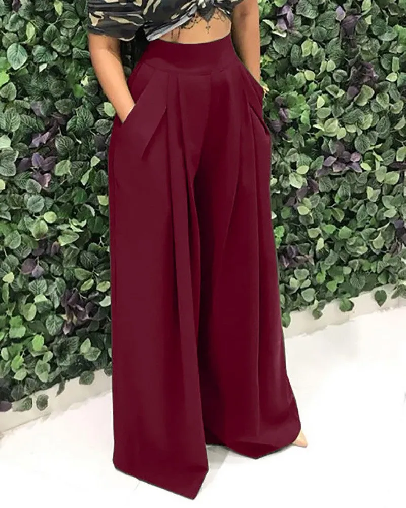 High Waist Pocket Design Wide Leg Pants