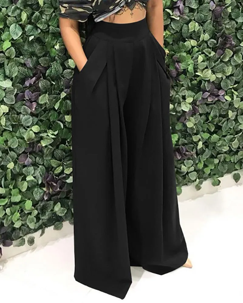 High Waist Pocket Design Wide Leg Pants