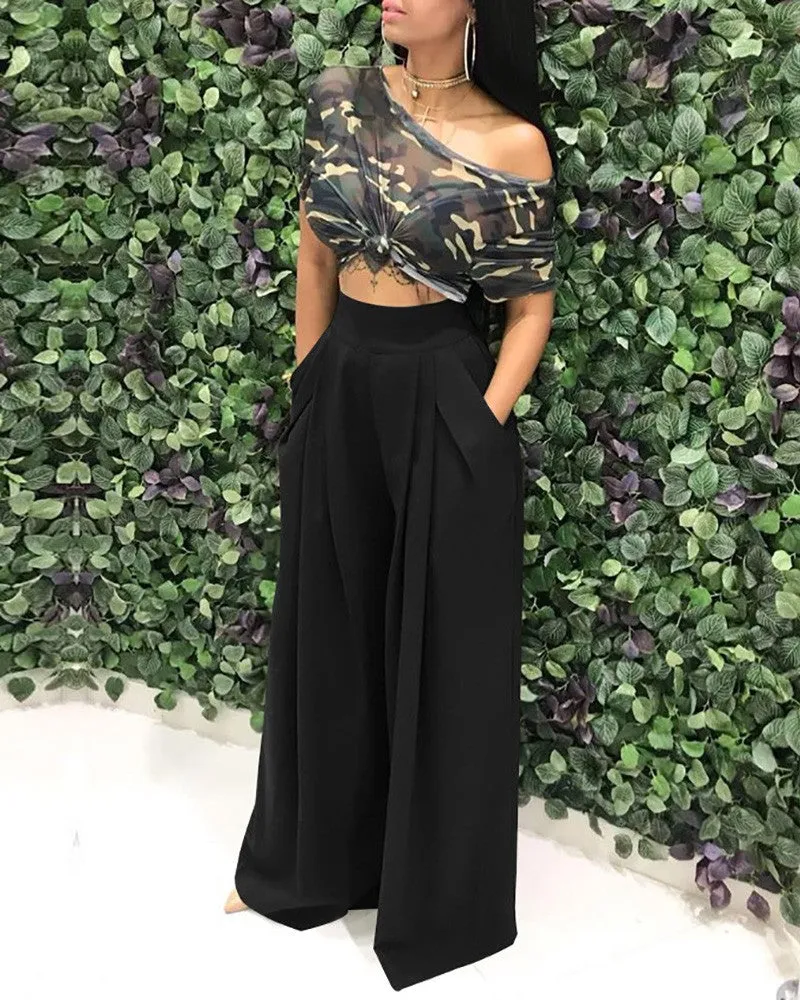 High Waist Pocket Design Wide Leg Pants