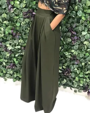 High Waist Pocket Design Wide Leg Pants