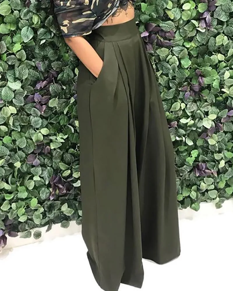 High Waist Pocket Design Wide Leg Pants