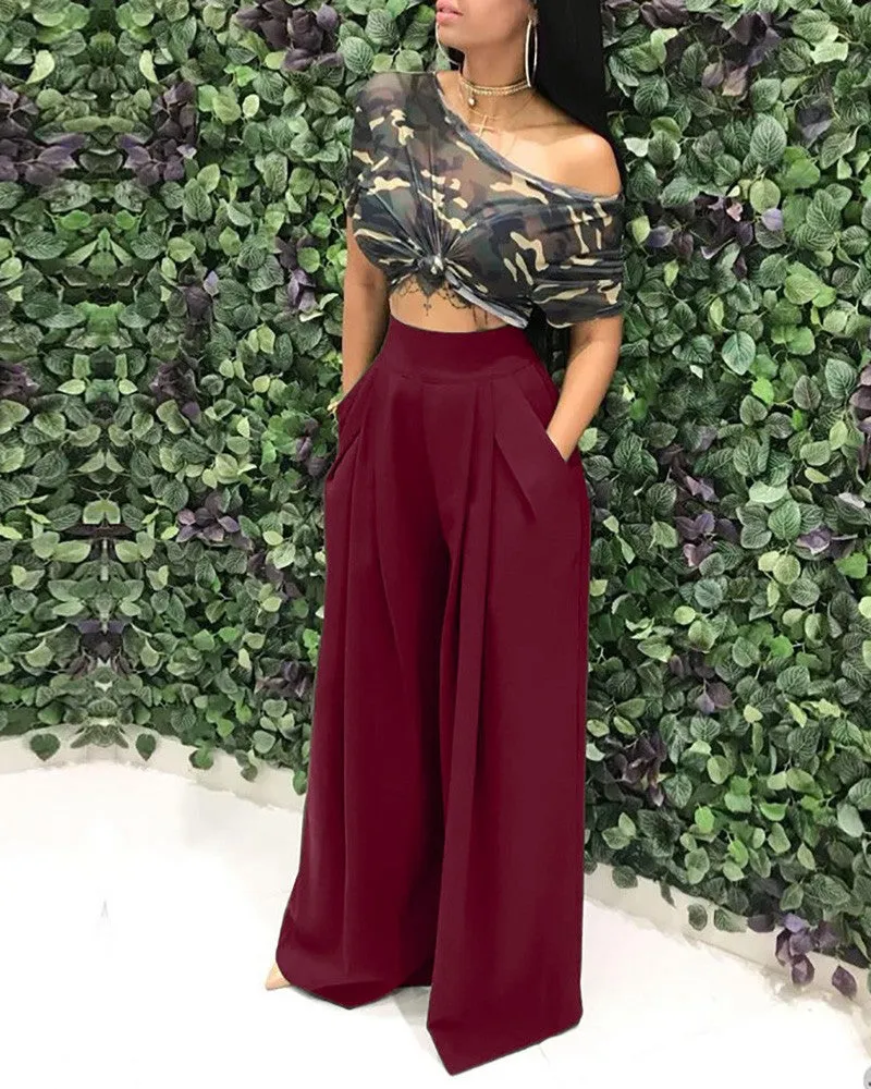 High Waist Pocket Design Wide Leg Pants
