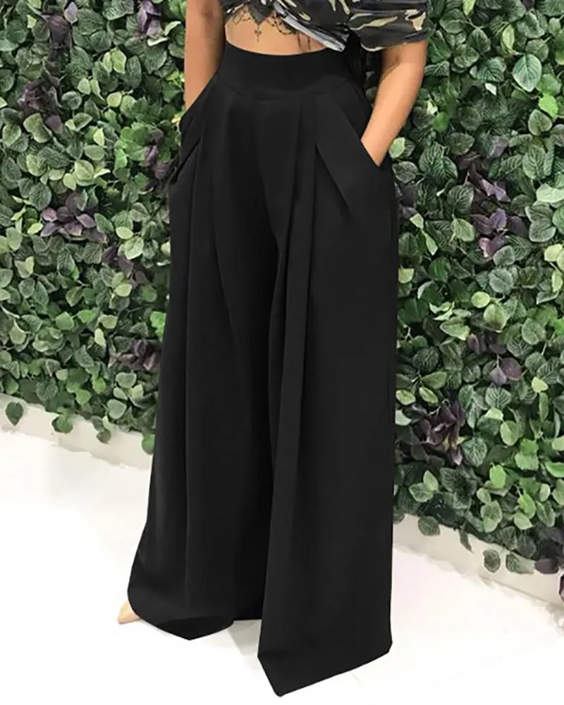 High Waist Pocket Design Wide Leg Pants