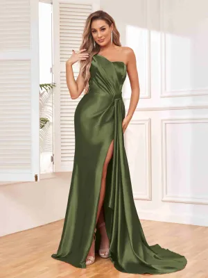 Isla Trendy One Shoulder Pleats Slit Satin Dresses
