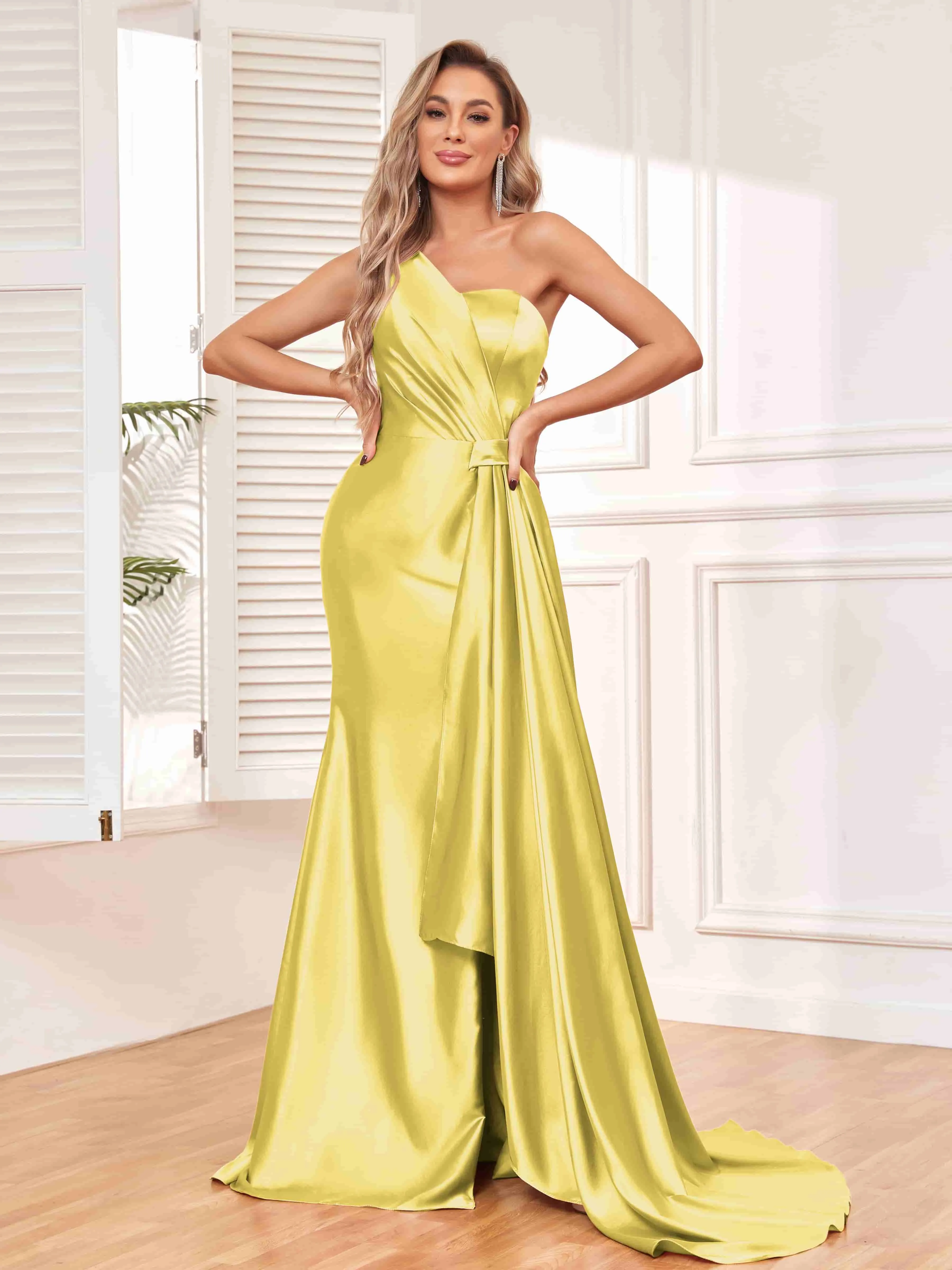 Isla Trendy One Shoulder Pleats Slit Satin Dresses