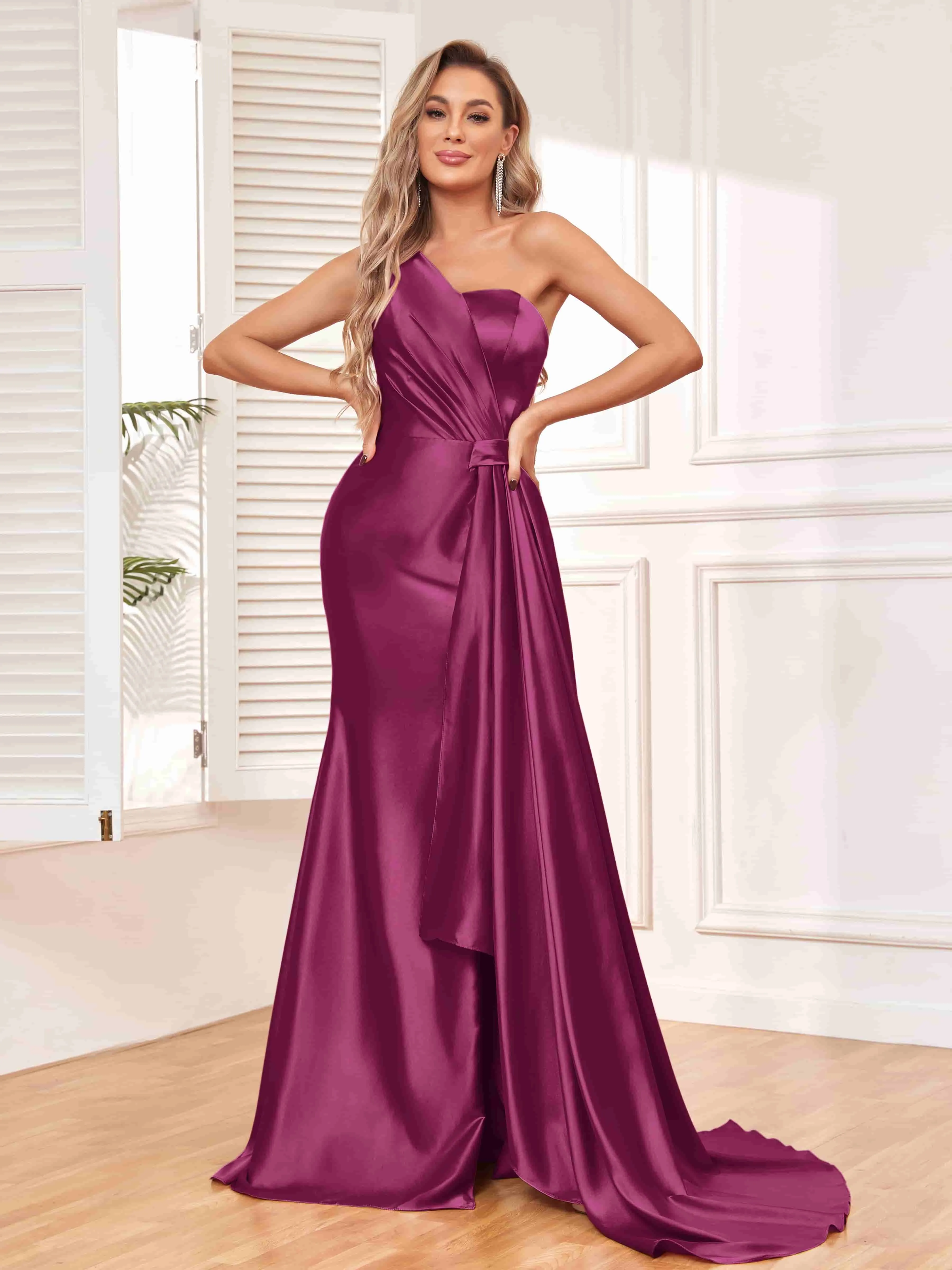 Isla Trendy One Shoulder Pleats Slit Satin Dresses