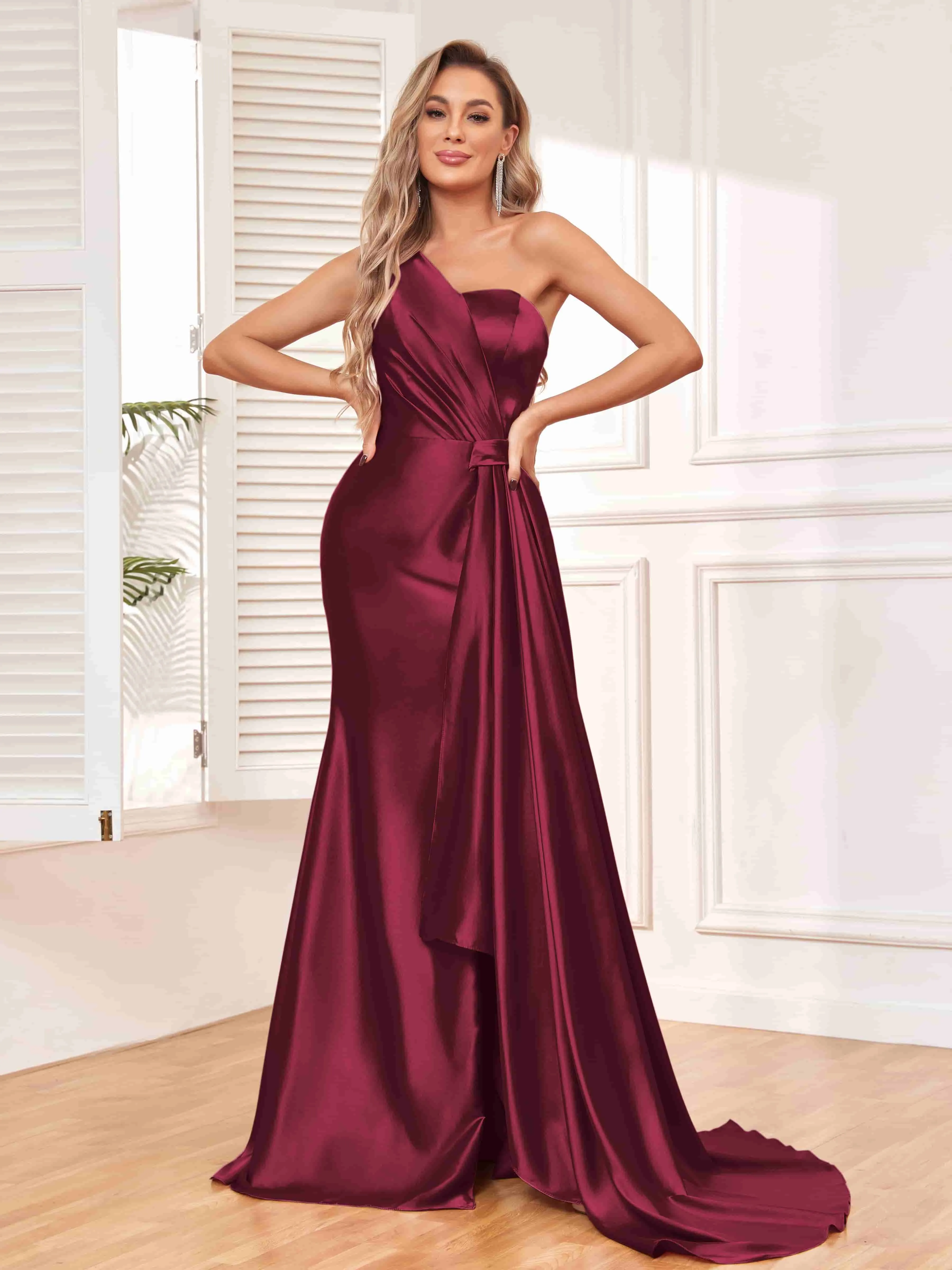 Isla Trendy One Shoulder Pleats Slit Satin Dresses
