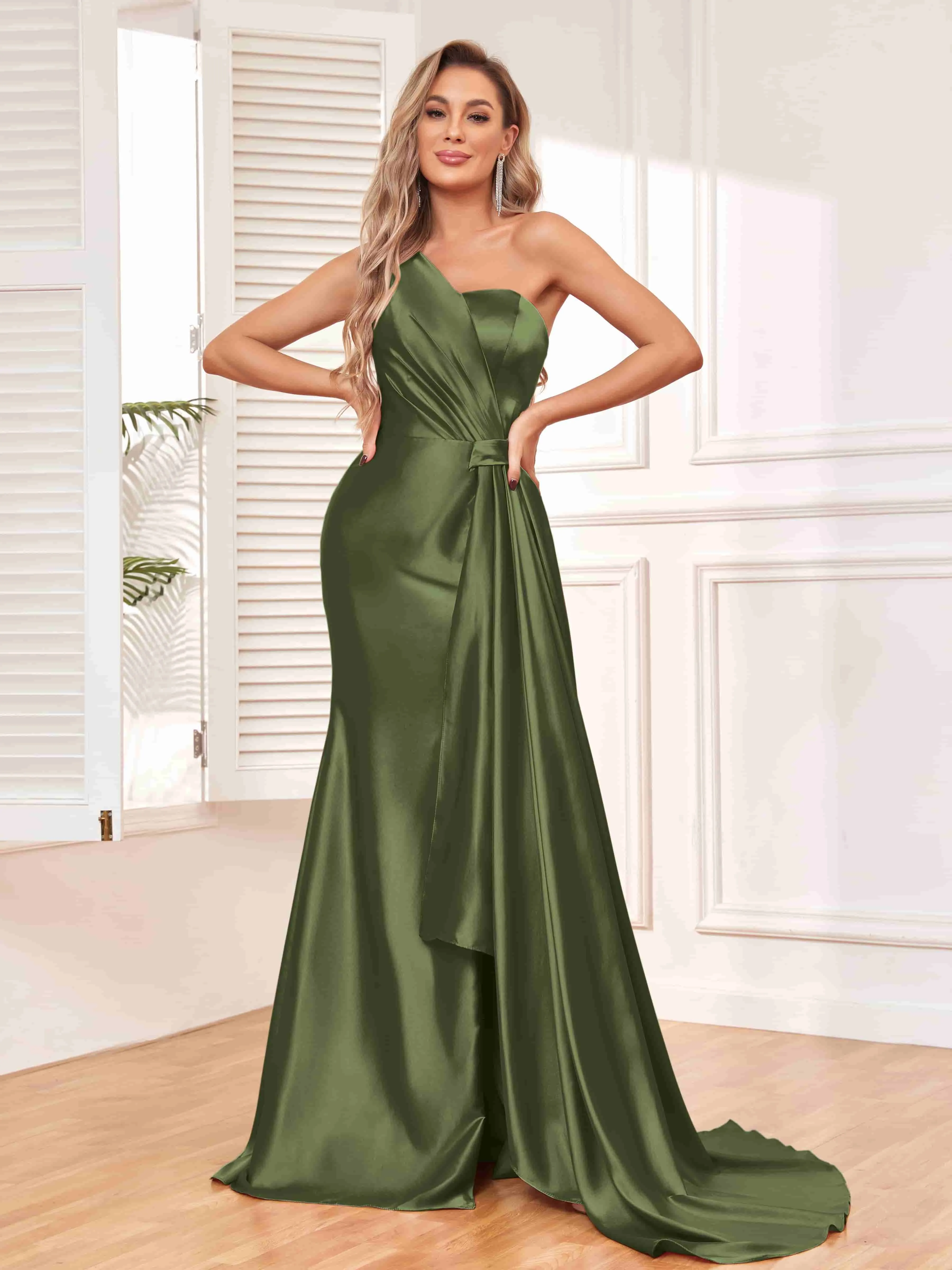 Isla Trendy One Shoulder Pleats Slit Satin Dresses
