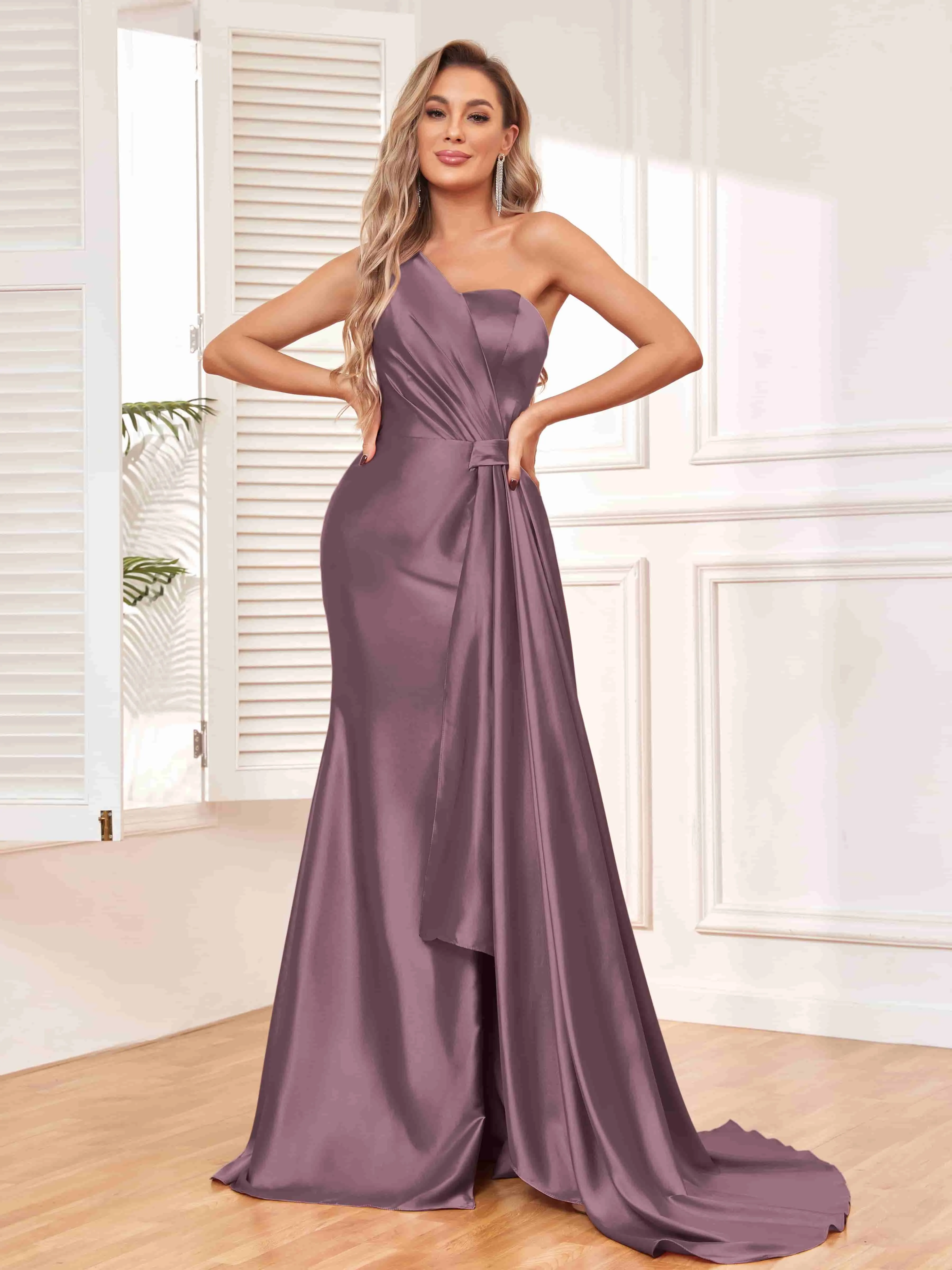 Isla Trendy One Shoulder Pleats Slit Satin Dresses