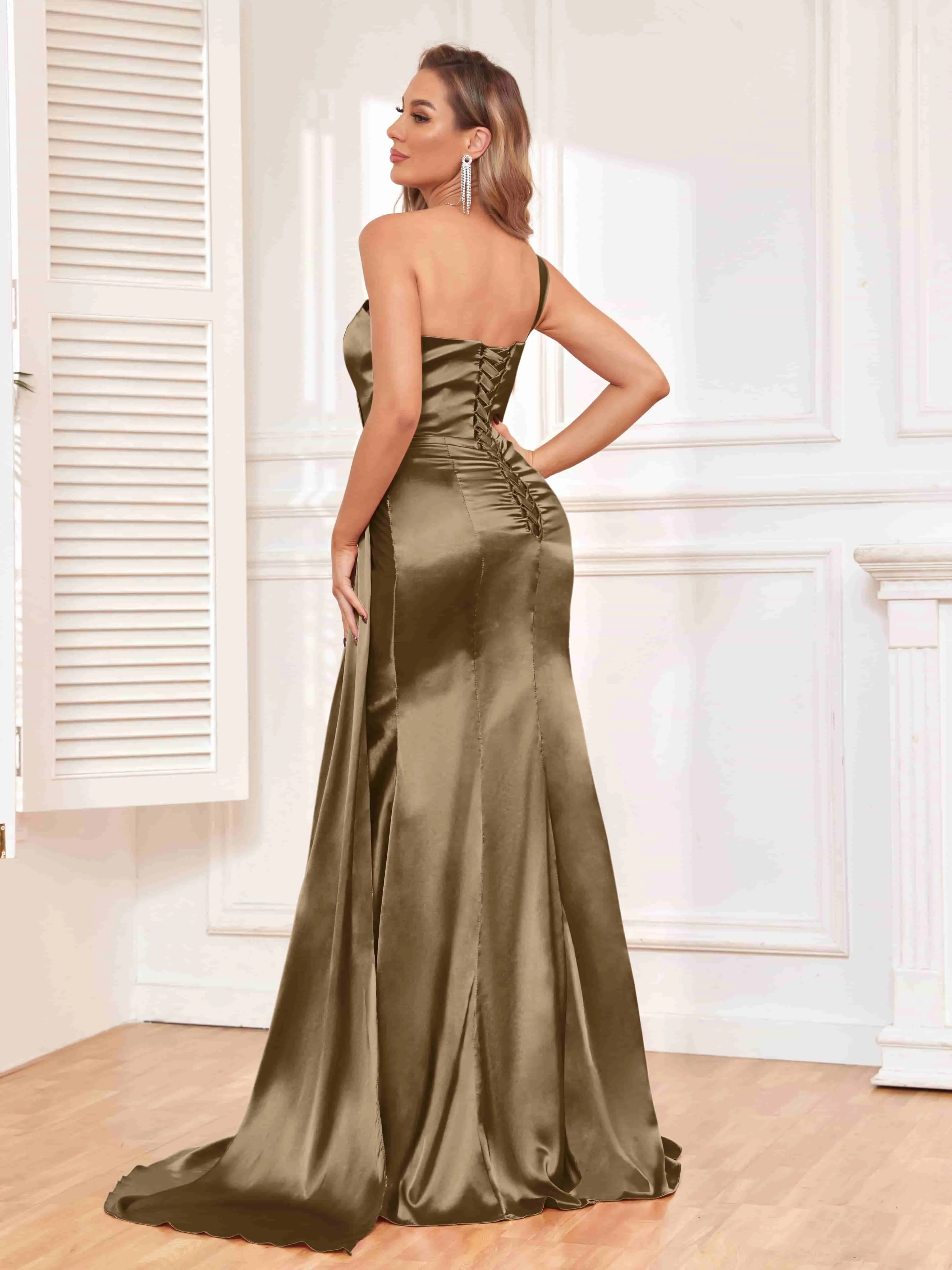 Isla Trendy One Shoulder Pleats Slit Satin Dresses
