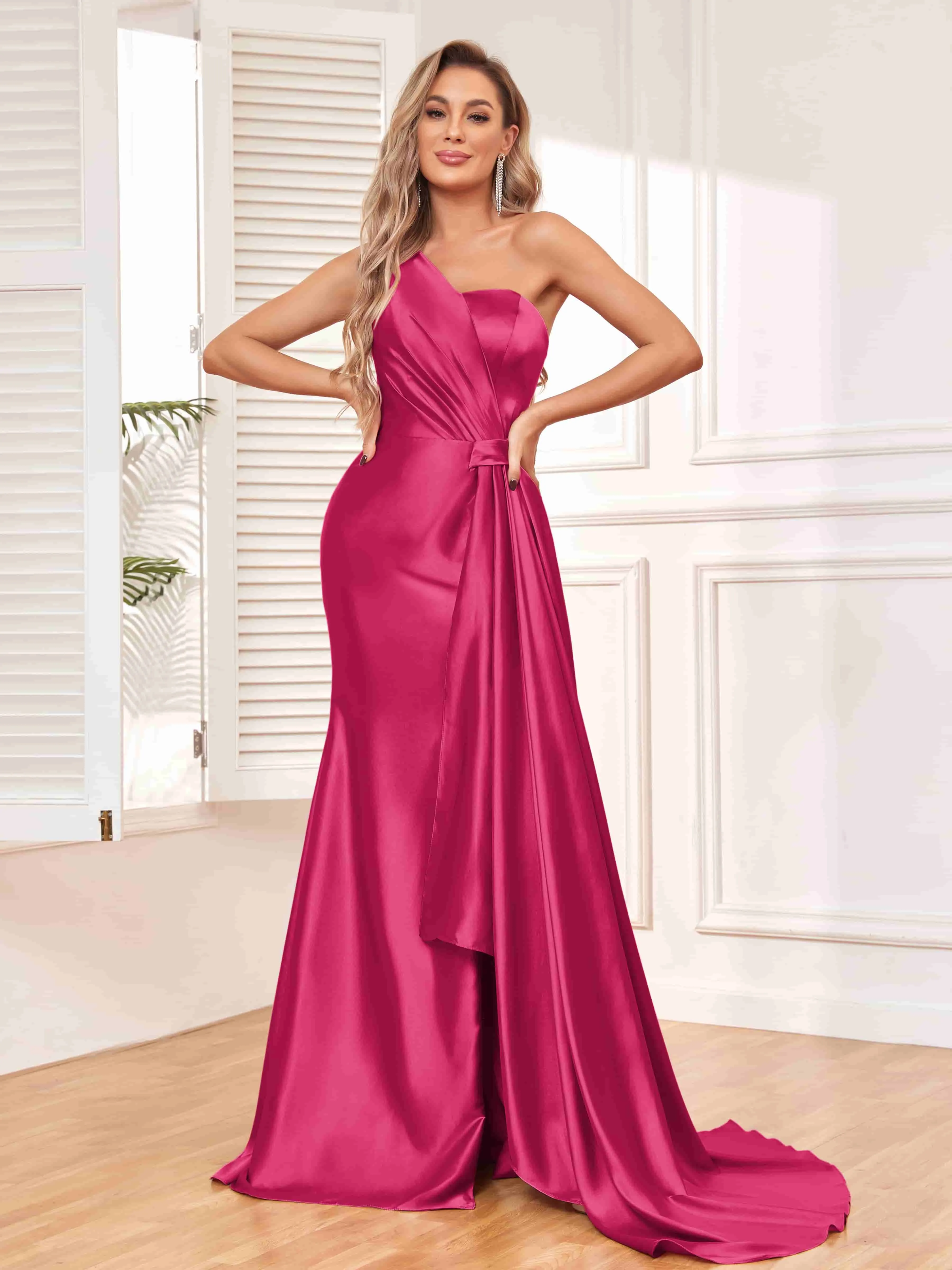 Isla Trendy One Shoulder Pleats Slit Satin Dresses
