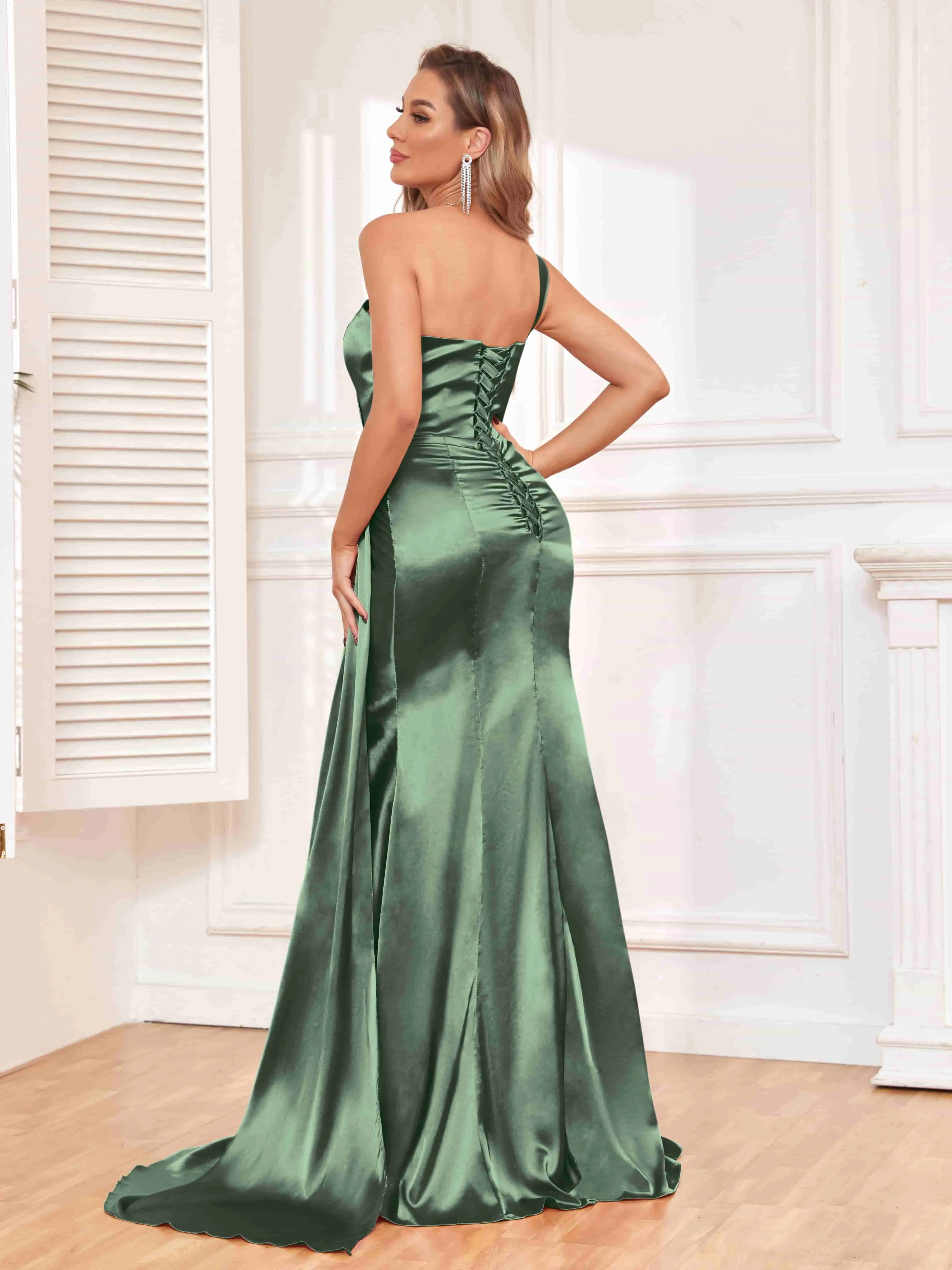 Isla Trendy One Shoulder Pleats Slit Satin Dresses