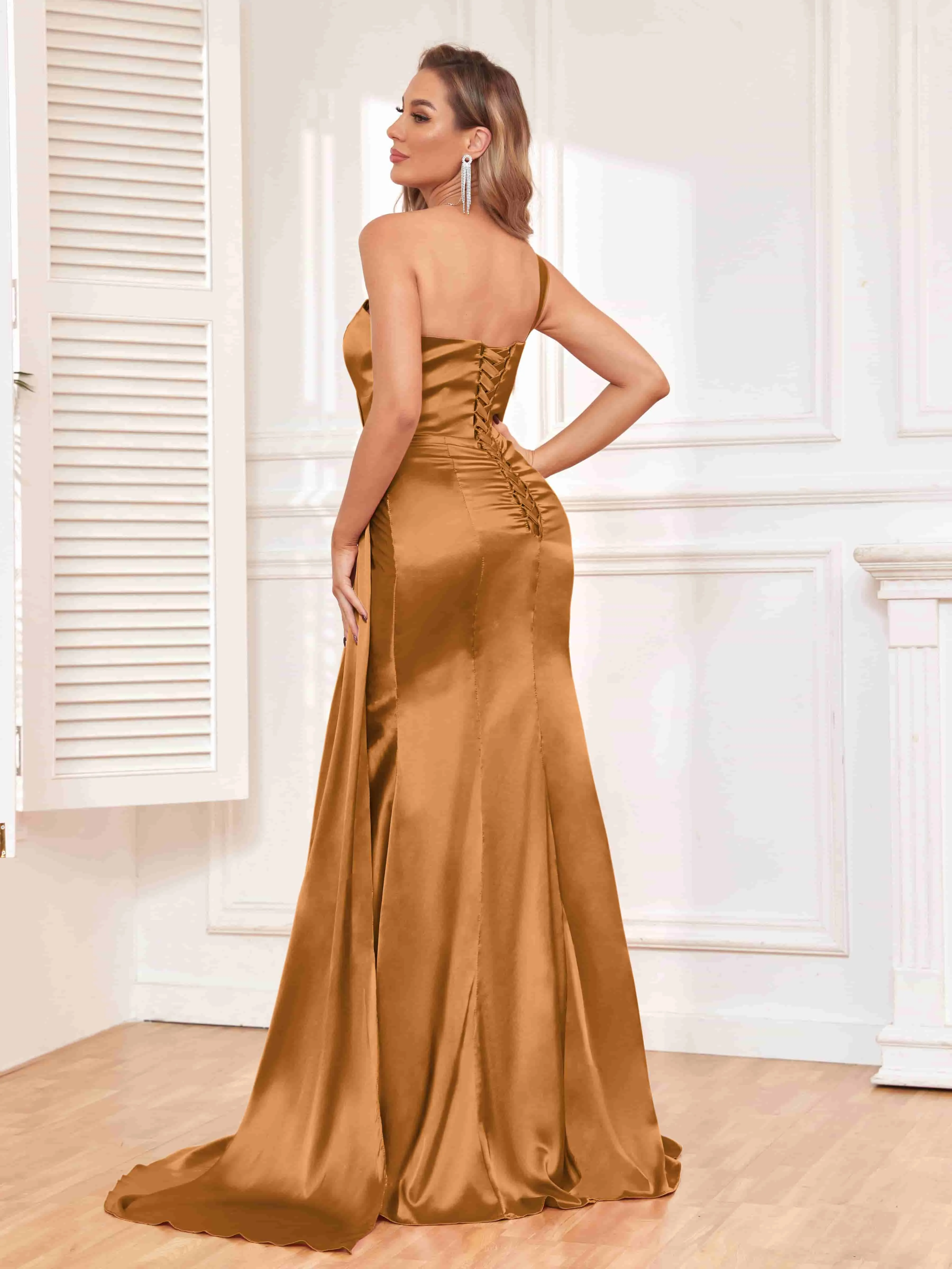 Isla Trendy One Shoulder Pleats Slit Satin Dresses