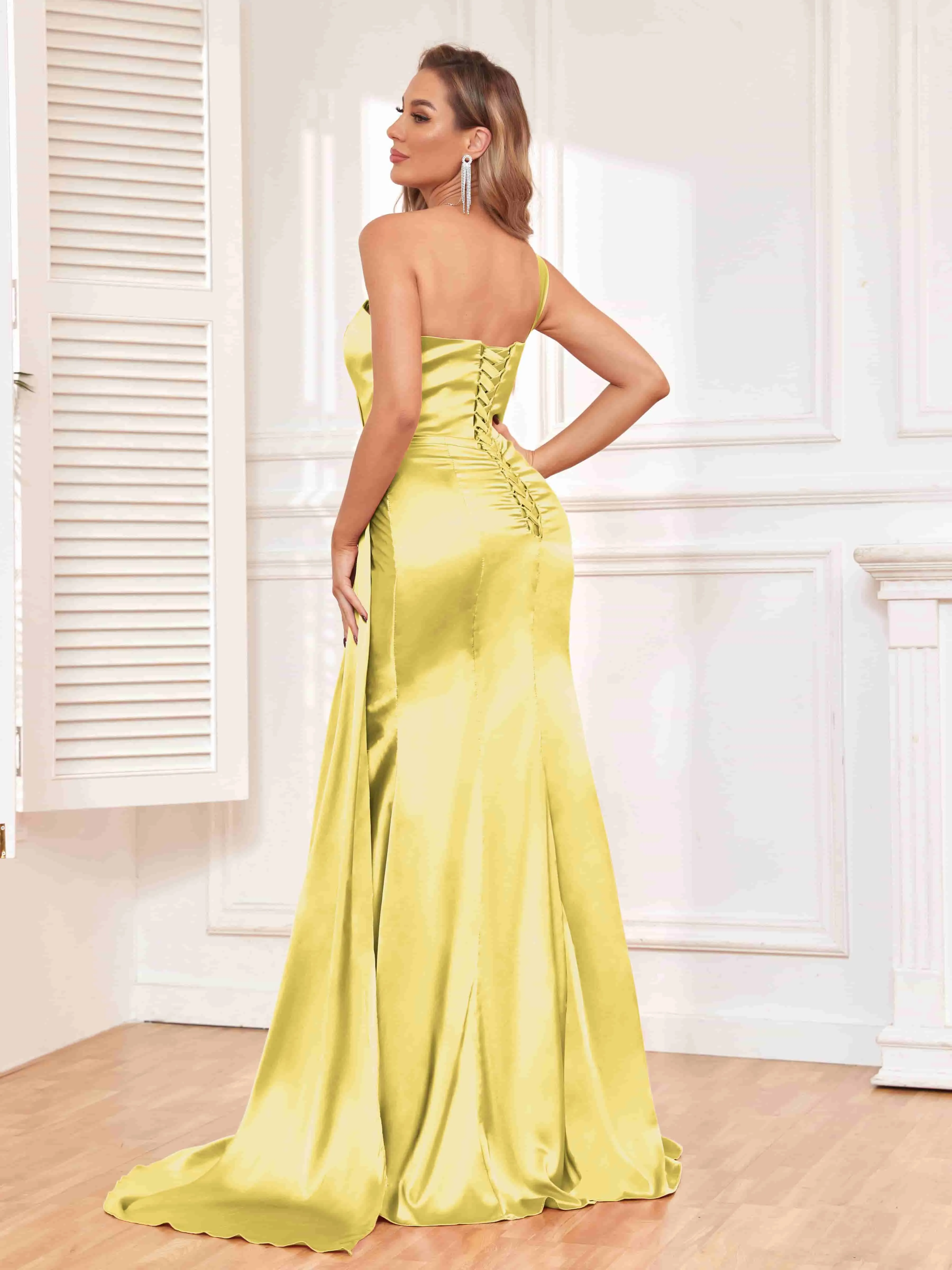 Isla Trendy One Shoulder Pleats Slit Satin Dresses