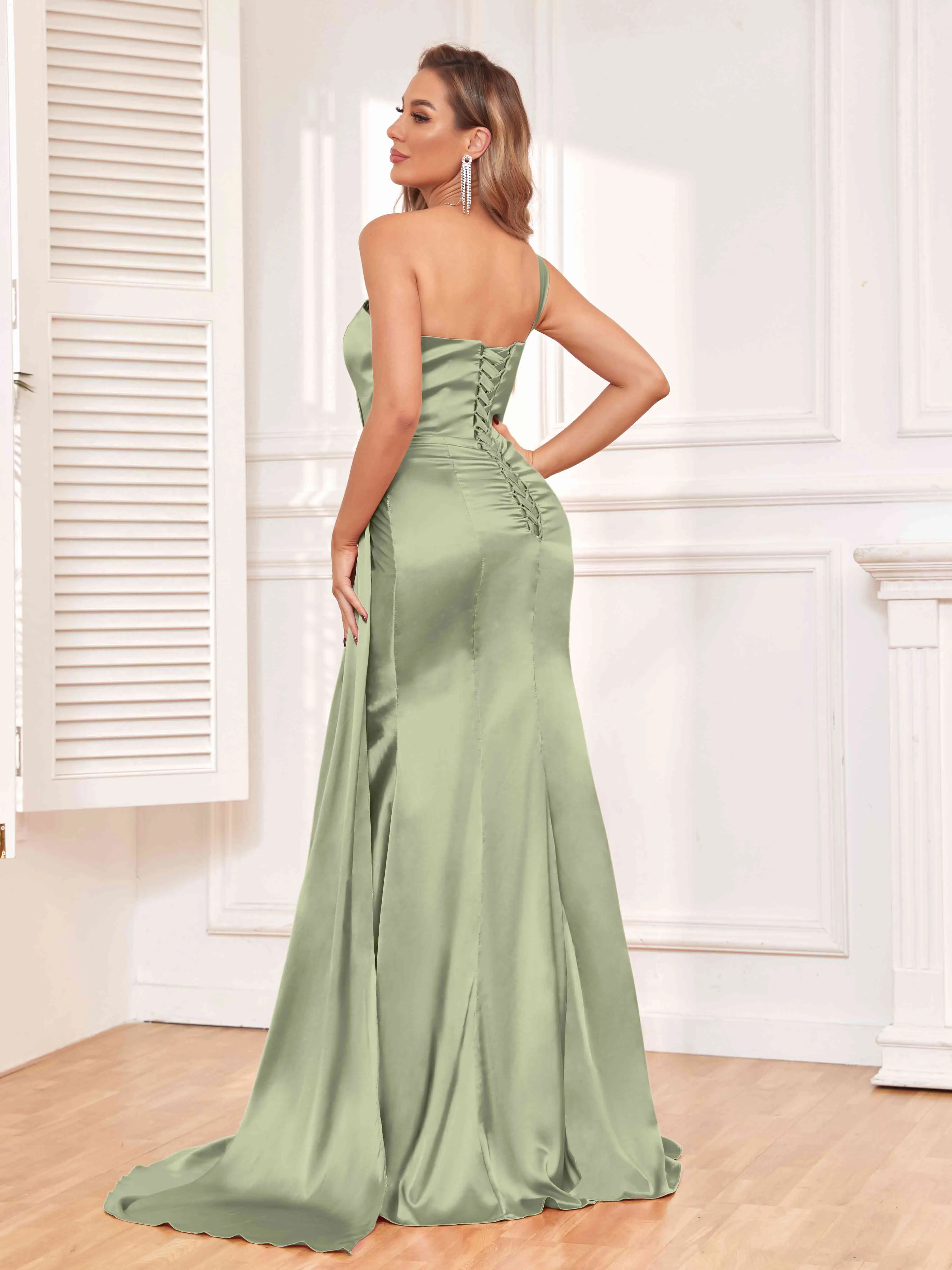 Isla Trendy One Shoulder Pleats Slit Satin Dresses