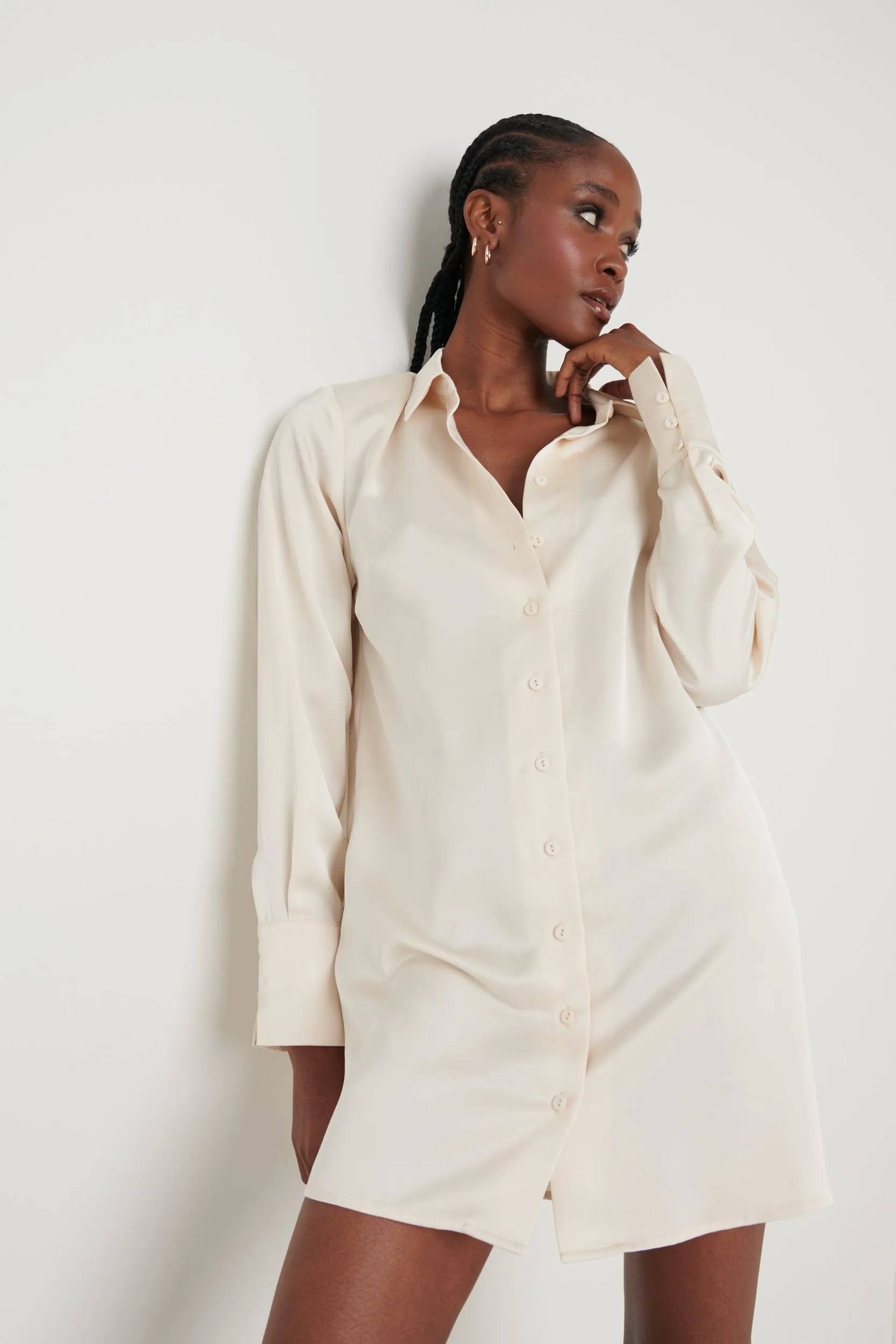 Kenzie Oversized Recycled Satin Shirt Dress - Oyster