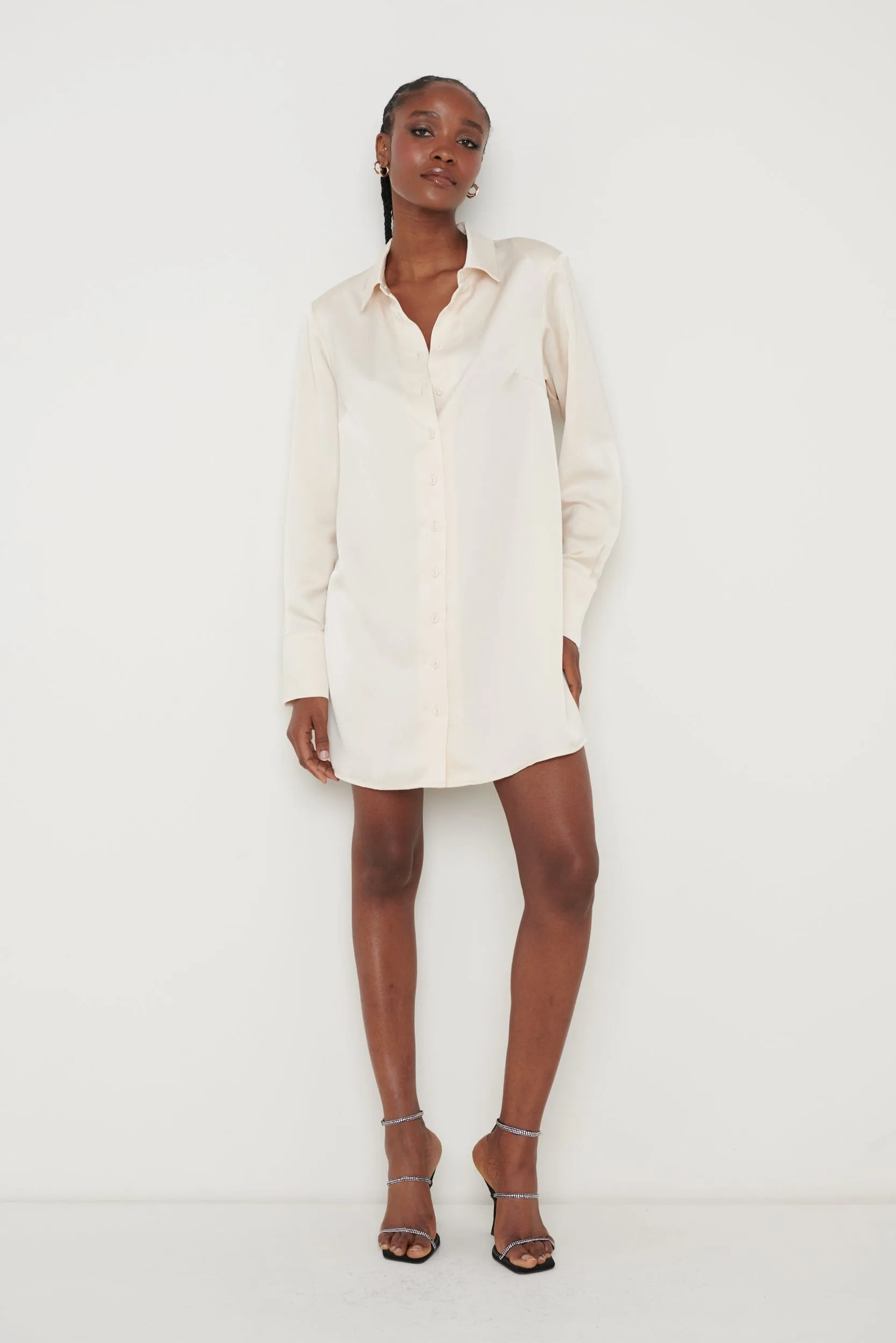 Kenzie Oversized Recycled Satin Shirt Dress - Oyster