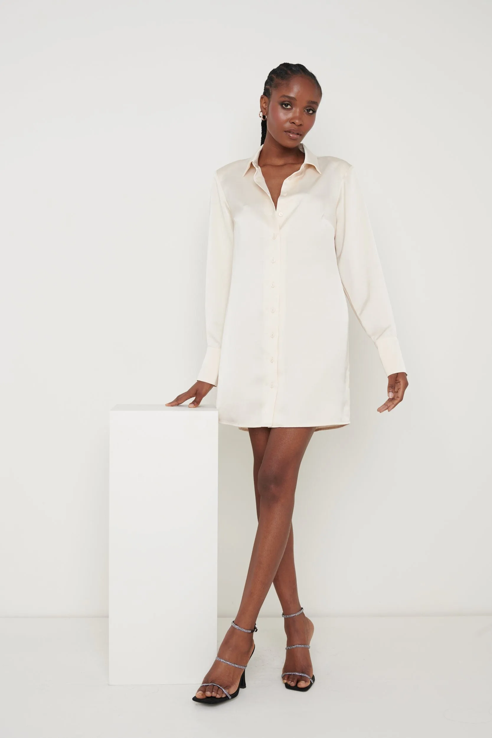Kenzie Oversized Recycled Satin Shirt Dress - Oyster