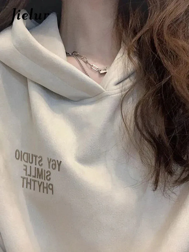 Metaversmall Apricot Ins Letter Printed Chic Hooded Loose Casual Female Hoodies Pure Color Fashion Office Ladies Autumn Women Hoodies