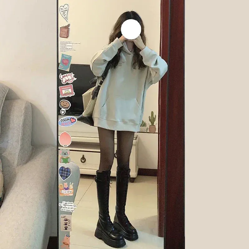 Metaversmall Apricot Ins Letter Printed Chic Hooded Loose Casual Female Hoodies Pure Color Fashion Office Ladies Autumn Women Hoodies