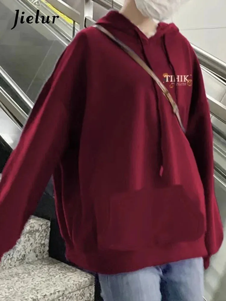 Metaversmall Wine Red Hooded Chic Drawstring Sweet Women Hoodies Fashion Solid Color Basic Pocket Simple Loose Casual Female Hoodies