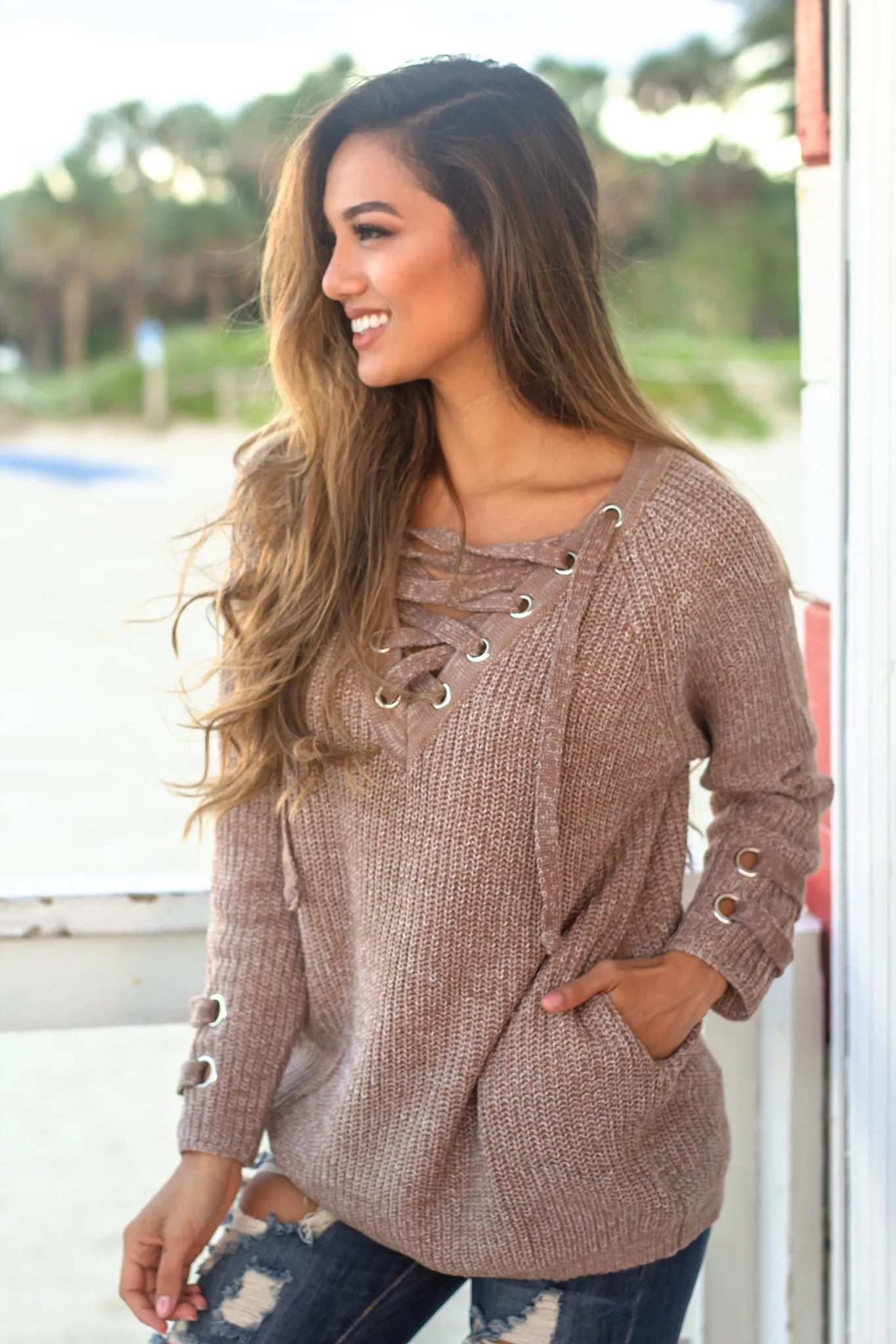 Mocha Lace Up Knit Sweater