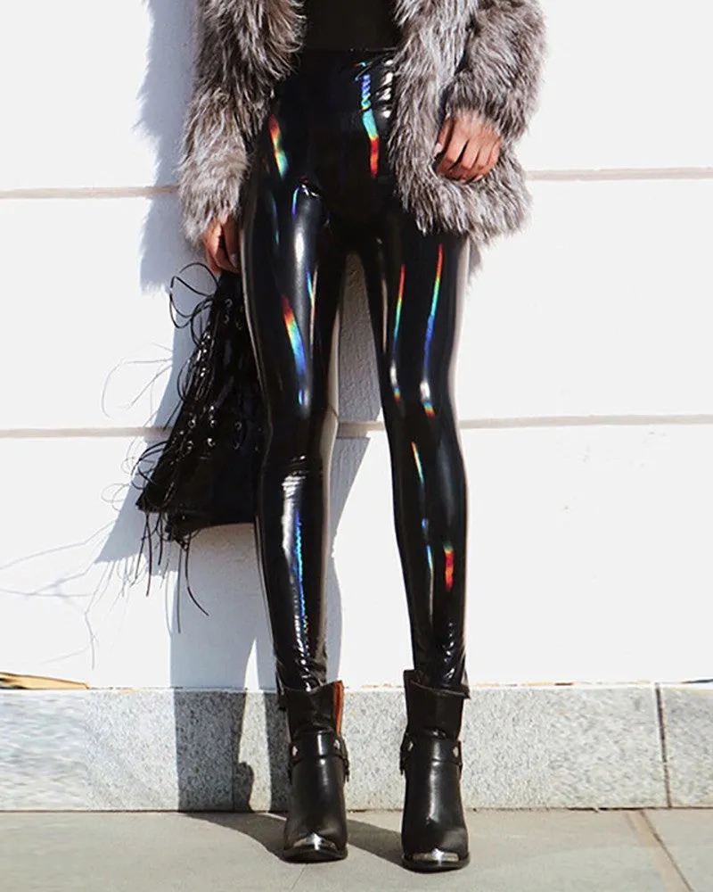 PU Leather Laser Reflective Skinny Pants