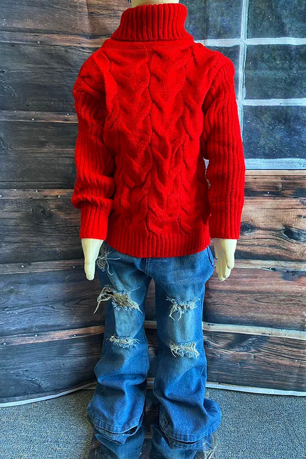 Red girl's turtleneck knit sweater DLH2